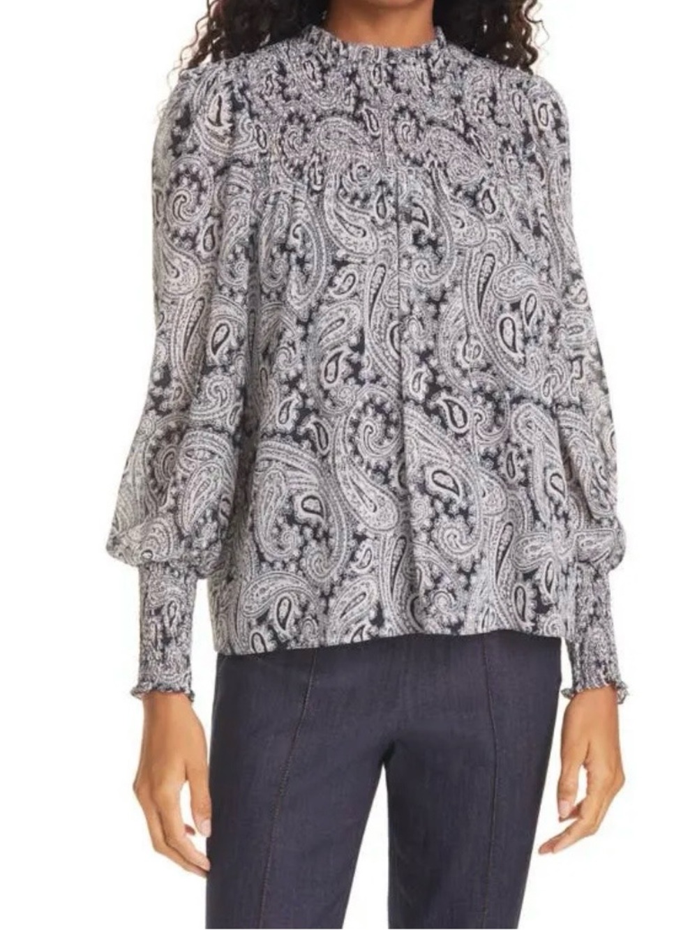Cinq à Sept 5a7 Paisley Smocked Blouse Top Size Small Navy Blue